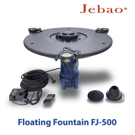 Плавающий фонтан и фонтан-аэратор для пруда Jebao FJ-500 с насосом, 3-мя фонтанными насадками, светильниками и пультом управления Изображение